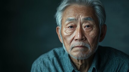 An elderly Asian man with a contemplative expression, set against a muted gray backdrop