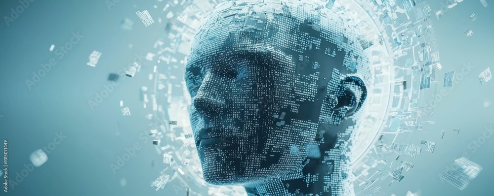 Poster intricate digital face of an ai robot composed of tiny data elements, symbolizing advanced artificia
