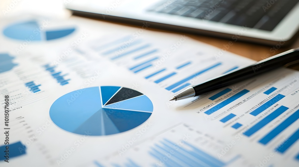 Poster close-up of a professional business report with detailed pie charts and data graphs on a corporate