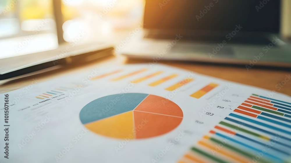 Aufkleber close-up view of business report with pie charts and data graphs on desk for corporate financial