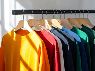 Obraz premium Hangers with clothes, collection of colorful T-shirts, wardrobe