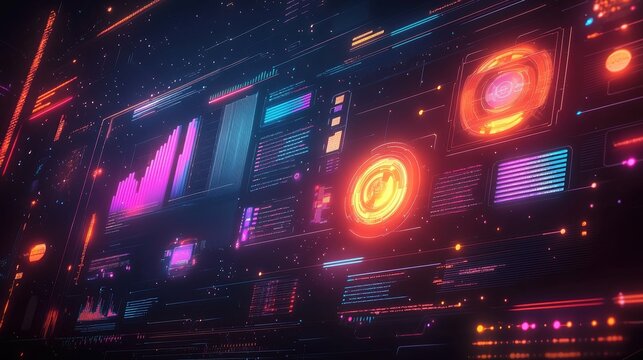 A futuristic digital marketing campaign layout with interactive elements, on a dark gradient background