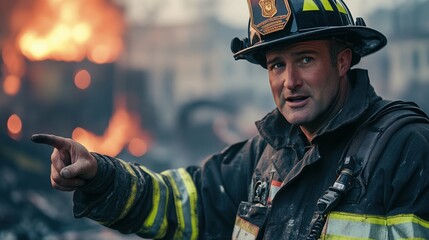 A firefighter giving instructions to a team while managing a chaotic scene of destruction, highlighting leadership and teamwork