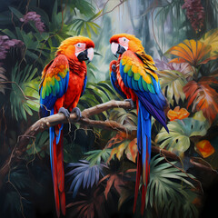 Fototapeta premium Colorful parrots in a tropical rainforest 