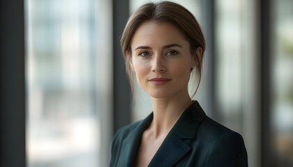 Fototapeta premium Portrait of a Woman in a Green Blazer Against a Window Background