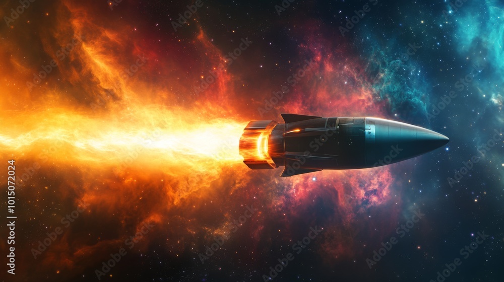 Poster a rocket is ascending through space, surrounded by a colorful nebula. vibrant flames propel it forwa