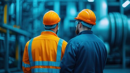 Engineers in a chemical plant, analyzing data from large machinery, industrial processes