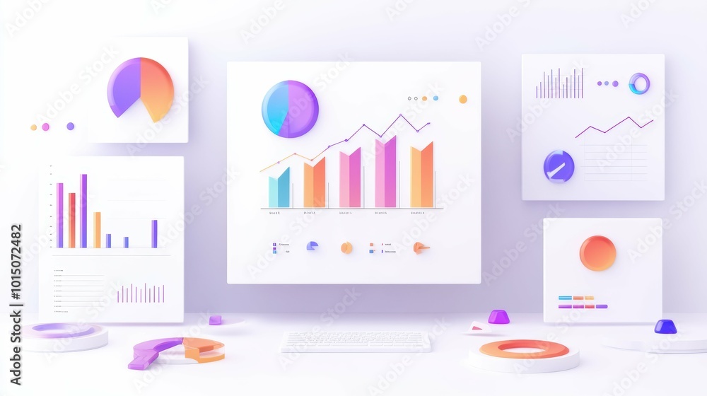Poster analyzing data-driven marketing insights with interactive charts and graphs on a clean white backdro