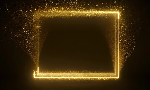 Christmas Golden rectangle square frame Portal with glowing golden sparkles and glitter particles on black background with golden bokeh, VFX