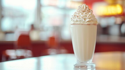 Delicious milkshake with whipped cream, set against a blurred retro diner background