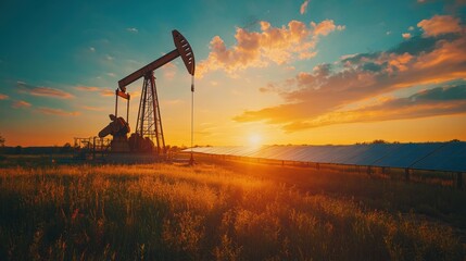 Energy transition Oil derrick metamorphosing into a field of advanced solar panels