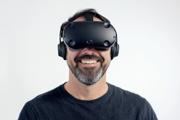 Fototapeta premium Smiling man wearing a virtual reality headset and headphones