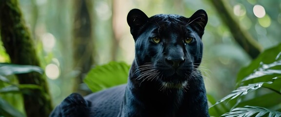 Close-up portrait of a black panther hunting in a beautiful rainforest. AI generated