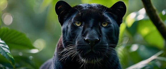 Close-up portrait of a black panther hunting in a beautiful rainforest. AI generated