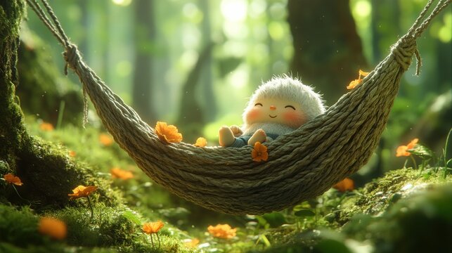 Cut Toy character relaxing in a cozy hammock, their peaceful expression and the serene, nature-inspired setting creating a calming, rejuvenating atmosphere