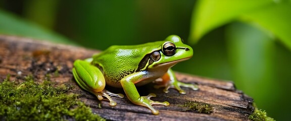 Naklejka premium Close-up of a small cute green frog in a beautiful rainforest. AI generated