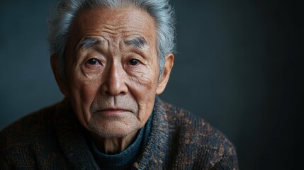 An elderly Asian man with a contemplative expression, set against a muted gray backdrop