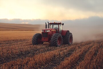 Obraz premium Red Tractor Working on Soft Ground at Dusk