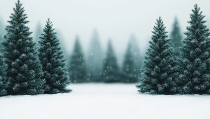 Obraz premium Snowy Christmas tree forest with falling snow. Winter background.