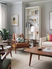 Stylish Mid-Century Modern Living Room Featuring a Cozy Chair, Vibrant Colorful Pillows, Unique Knot Cushion, and Contemporary Design Elements for a Chic Home Interior
