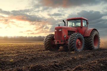 Fototapeta premium Red Tractor Working in Vast Field at Sunrise