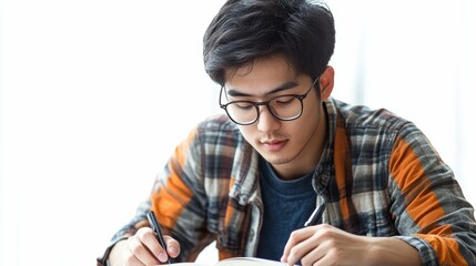 An Asian student deep in concentration while studying, on a clean white background
