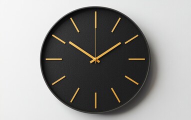 Modern black wall clock with minimal design, isolated on white background.