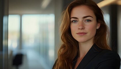 Obraz premium Portrait of a young woman with long red hair and green eyes, wearing a black blazer