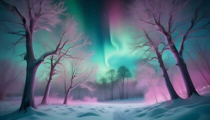 Fototapeta premium Polar northen lights in the snowy forest. AI generated