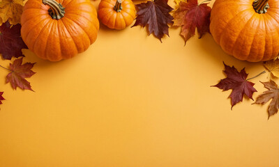 Orange pumpkins and autumn leaves on a flat yellow background. Concept for Thanksgiving, Harvest Festival or Halloween celebrations. Autumn flat lay for banner with copy space for text. Top view.