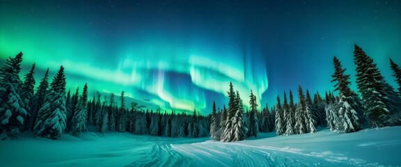 Polar northen lights in the snowy forest. AI generated