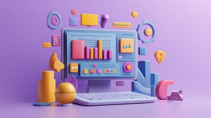 Advanced online advertising strategies with modern visual elements and impactful data, on a light purple background