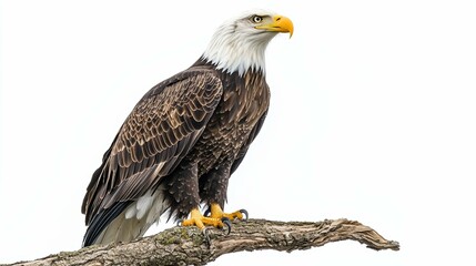 A regal bald eagle perched proudly, detailed with strength and precision, on a clean white backdrop