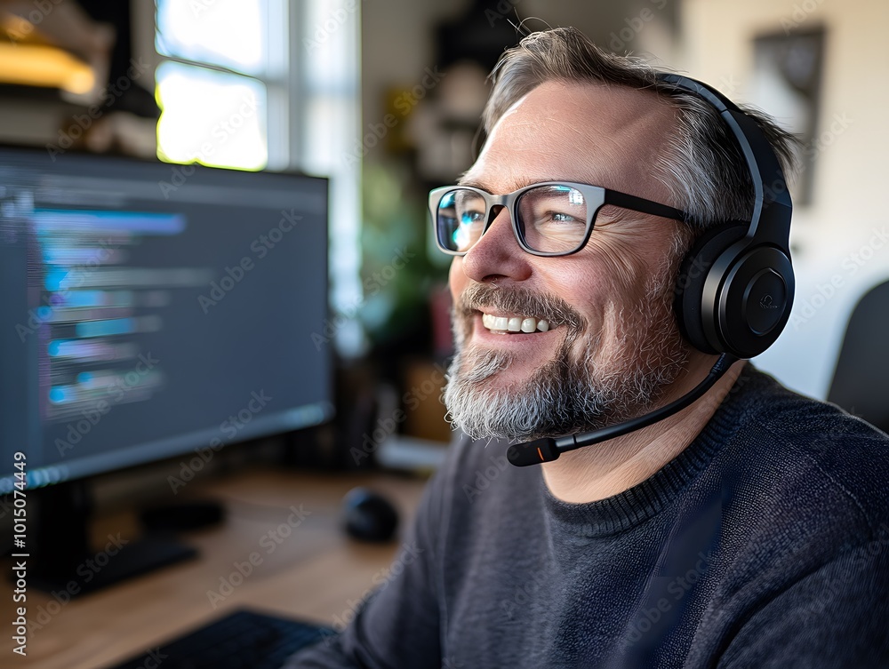 Poster smiling man with headset working on computer in home office