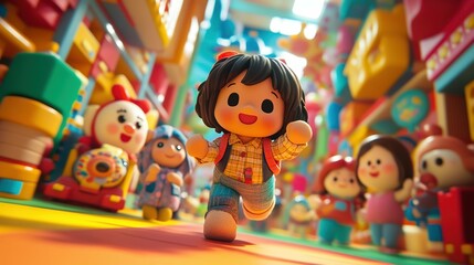 A group of Cut Toy in a lively game of hide-and-seek, their giggles and the playful, vibrant environment capturing the carefree spirit of childhood