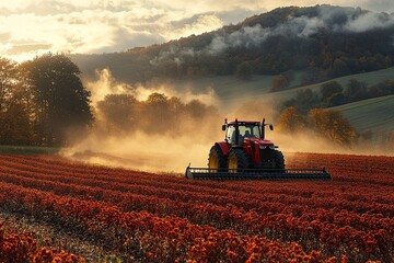 Fototapeta premium Red Tractor Plowing Large Field at Sunset