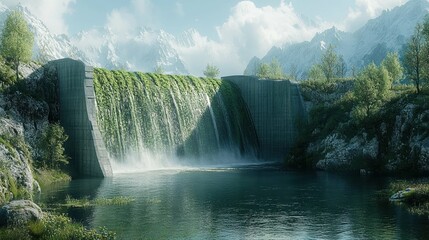 Fototapeta premium Water management Dam and reservoir morphing into nature-based water purification ecosystem