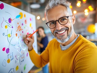 Smiling man brainstorming on whiteboard in creative office
