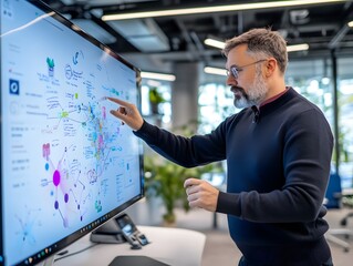 Businessman presenting data on interactive screen in modern office