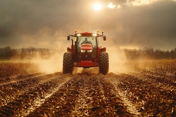 Fototapeta premium Red Tractor Plowing Soil Under Bright Sunlight