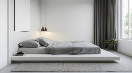 A bedroom with a minimalist design features a platform bed with gray bedding. The bed is elevated on a white platform and has two pillows. Hanging above the bed are two simple pendant lights
