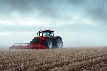 Obraz premium Red Tractor Plowing a Large Field in the Morning Fog