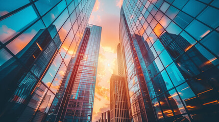 Fototapeta premium Reflective skyscrapers, business office buildings