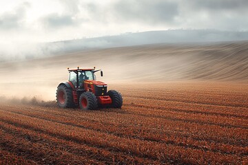 Obraz premium Red Tractor Plowing Vast Field Under Cloudy Sky