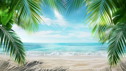 Palm Leaves Frame Tropical Beach Scene with Blue Sky and Ocean