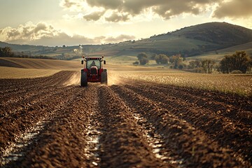 Fototapeta premium Early Morning Sun on Red Tractor in Field