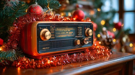 Vintage radio adorned with festive Christmas decorations, creating a nostalgic holiday ambiance.