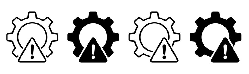 Warning icon set, broken operational process, gear symbol with exclamation mark, troubleshoot filled, repair or maintenance symbol