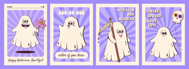 Halloween Posters Set. Cute cartoon ghost characters. Trendy retro groovy style vector illustration. Happy Halloween greeting cards.