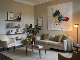 Stylish Living Room with Neutral Tones: Cozy Sofa, Olive Green Pillows, Artistic Wall Art, and Inviting Home Decor for Modern Interiors - Perfect for Your Cozy Home Aesthetic and Design Inspiration